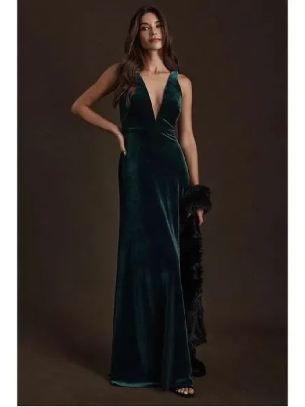Jenny Yoo Logan Deep-V Velvet Gown, emerald green